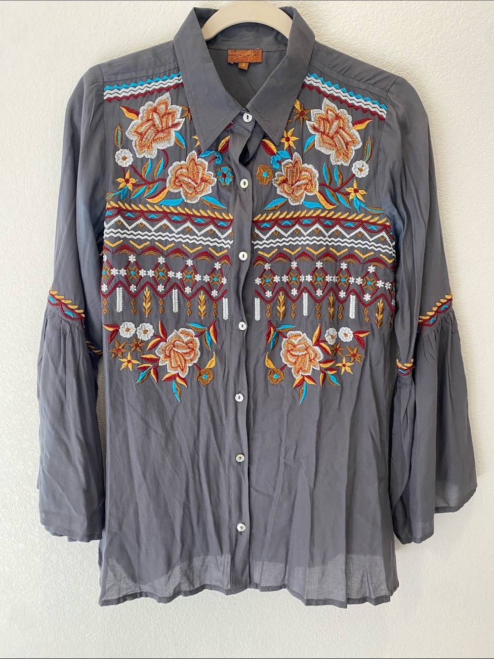 Scully | Embroidered flutter sleeve button down blouse
